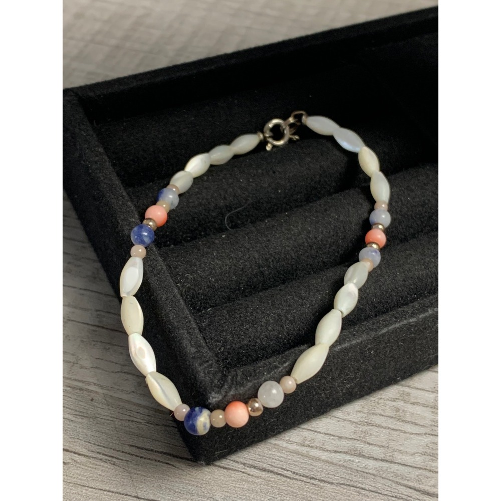 Mother of Pearl Navette and Mixed Gemstone Beaded Bracelet 7 Inch 5079